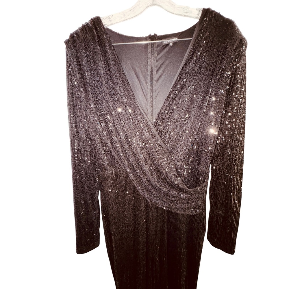Fashion Nova Womens 1X Black Sequin Long Sleeve Wrap V-Neck Wide Leg Jumpsuit - Picture 2 of 7